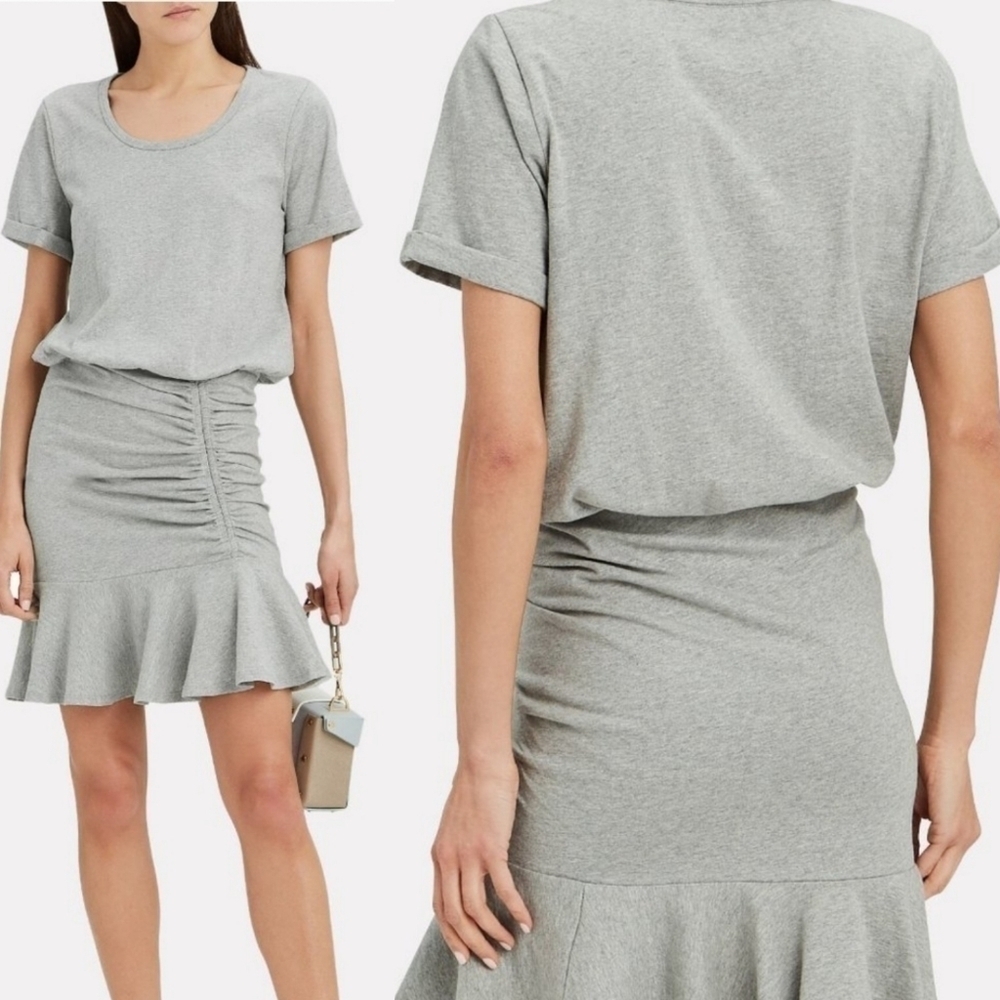 New Veronica Beard Pima Ruched 100% Cotton Light Grey Mini T-Shirt Dress XS NWT